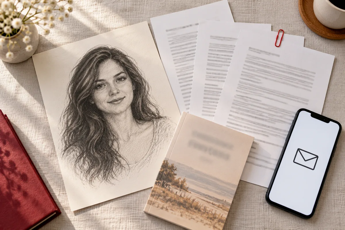 Flat lay of a sketch-style portrait, printed reading pages and a phone showing an email icon, illustrating what the Tina Aldea sketch package contains